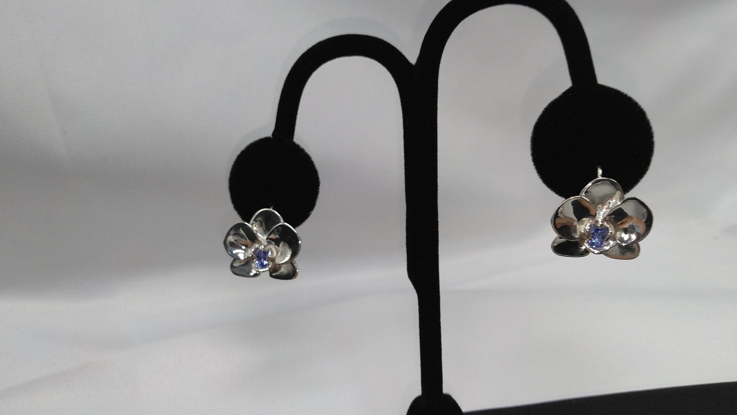 Medium Sterling Silver Orchid Earrings with Tanzanite