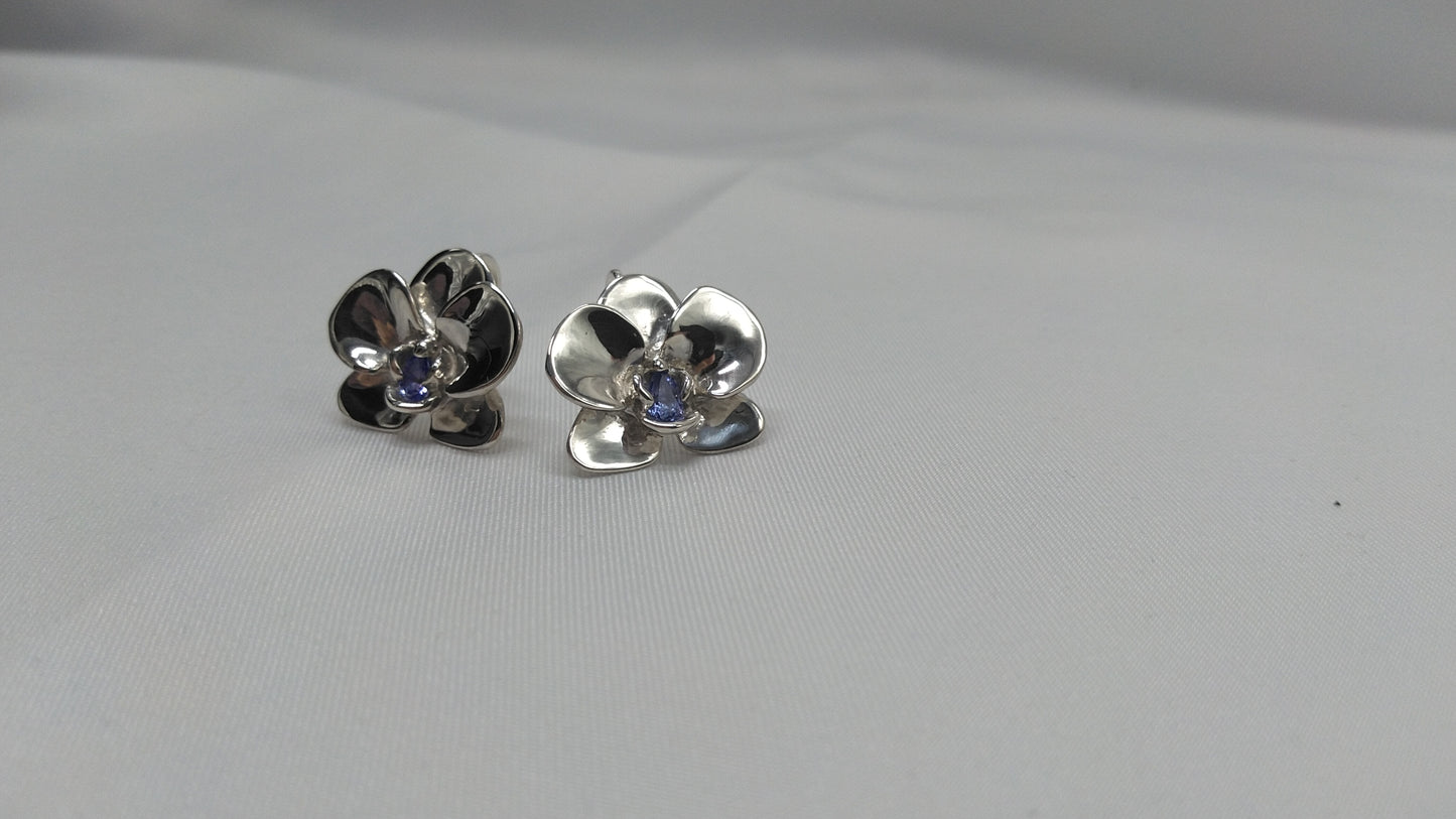Medium Sterling Silver Orchid Earrings with Tanzanite