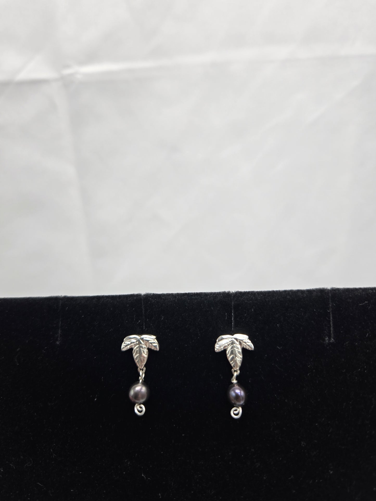 Ivy Leaf Earrings with Single Pearl in Sterling Silver