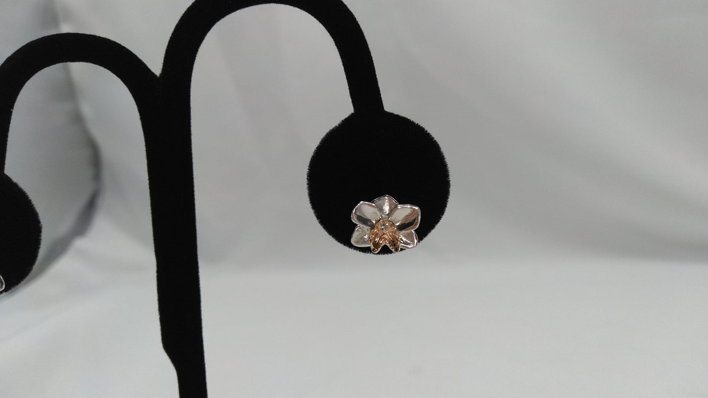 Orchid Studs in Silver and 14K Yellow Gold with Diamonds