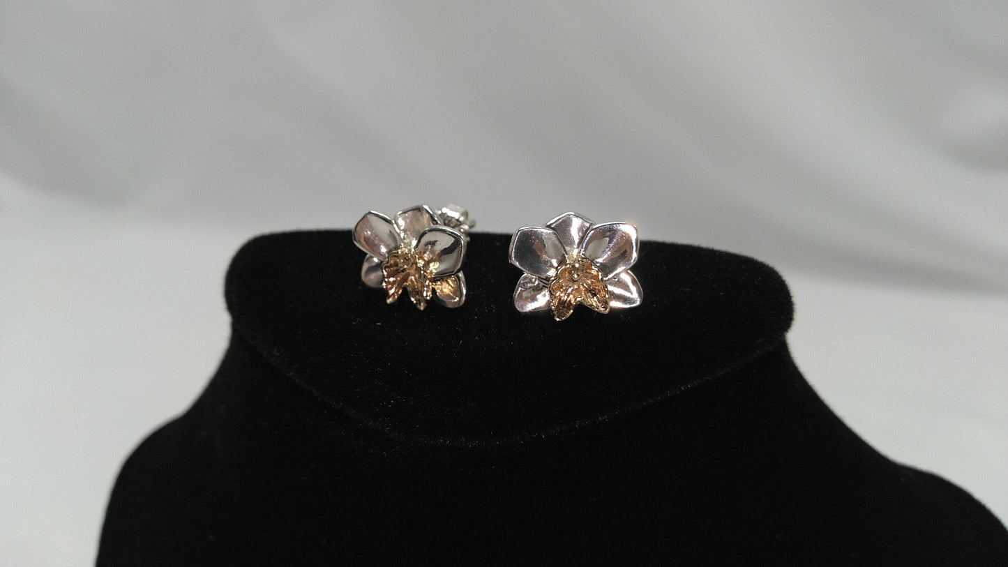 Orchid Studs in Silver and 14K Yellow Gold with Diamonds