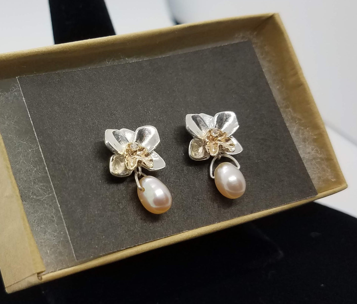 Orchid Studs in Silver and 14K Yellow Gold with Diamonds and Freshwater Pearls