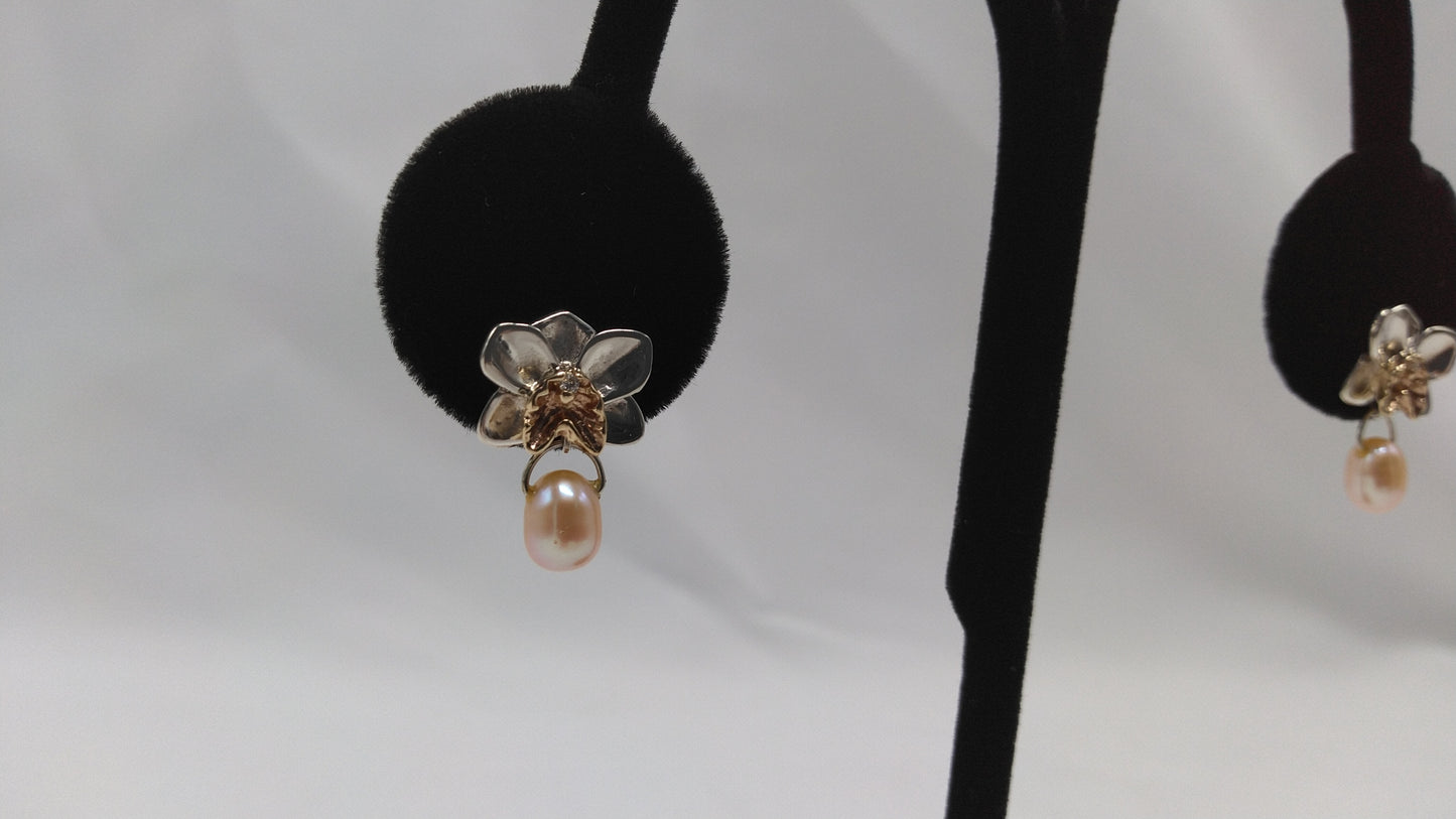 Orchid Studs in Silver and 14K Yellow Gold with Diamonds and Freshwater Pearls