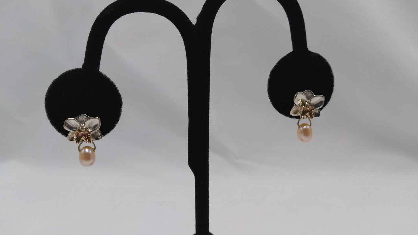 Orchid Studs in Silver and 14K Yellow Gold with Diamonds and Freshwater Pearls