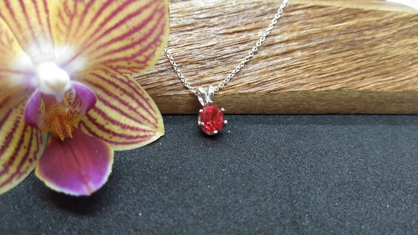 Created Oval Ruby and Silver Necklace