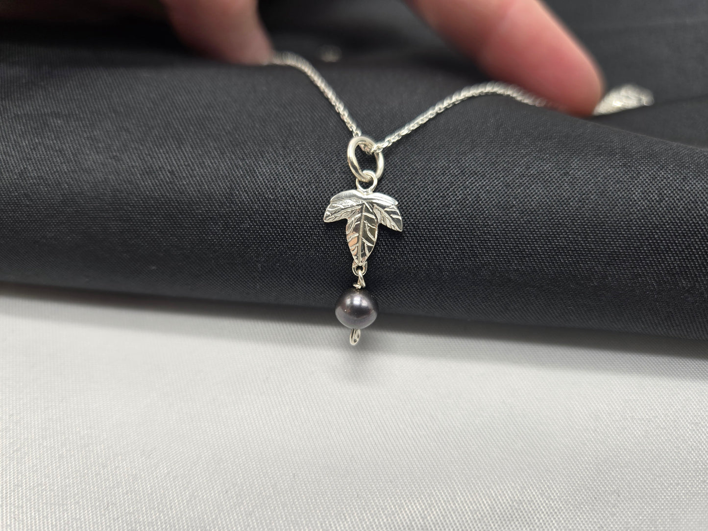 Ivy Leaf Necklace with Single Pearl in Sterling Silver