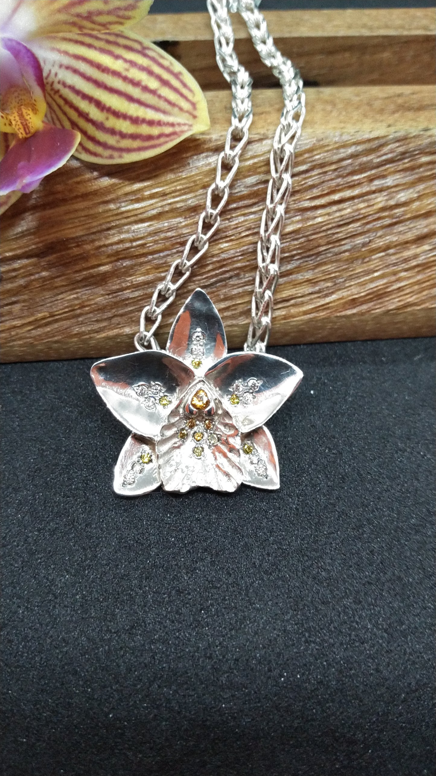Orchid in Silver with Yellow and White Diamonds with Citrine on Fine Silver Chain