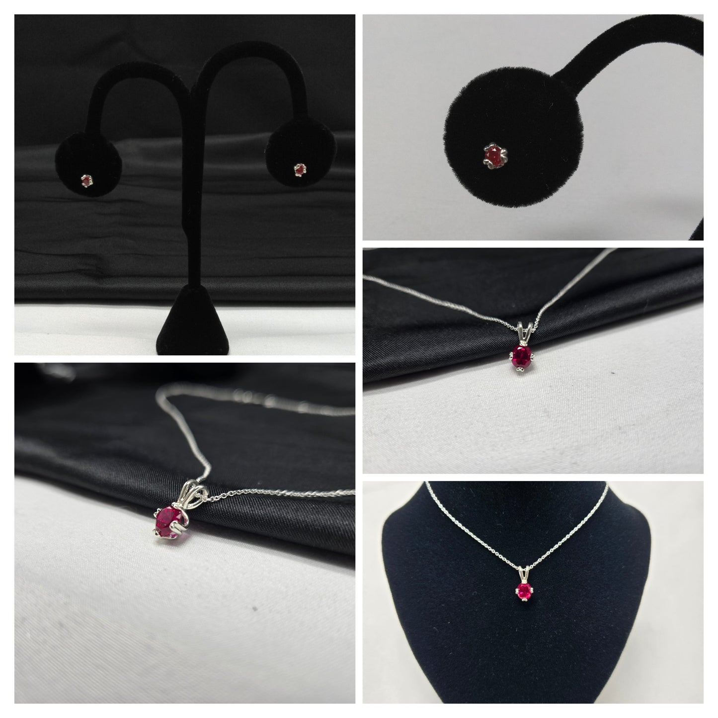 Twin Prong Created Ruby and Silver Set
