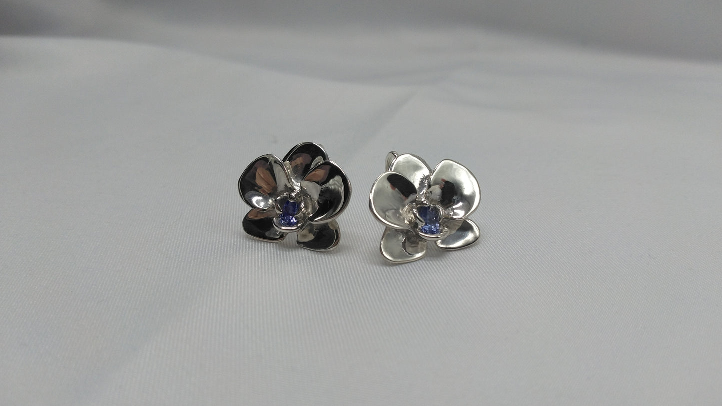 Medium Sterling Silver Orchid Earrings with Tanzanite