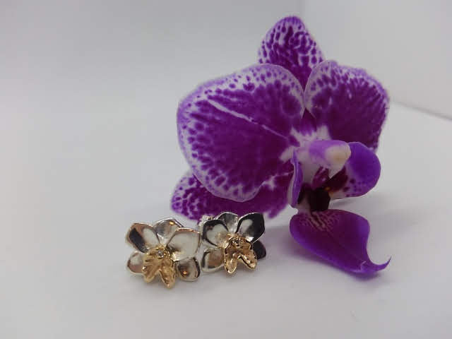 Orchid Studs in Silver and 14K Yellow Gold with Diamonds