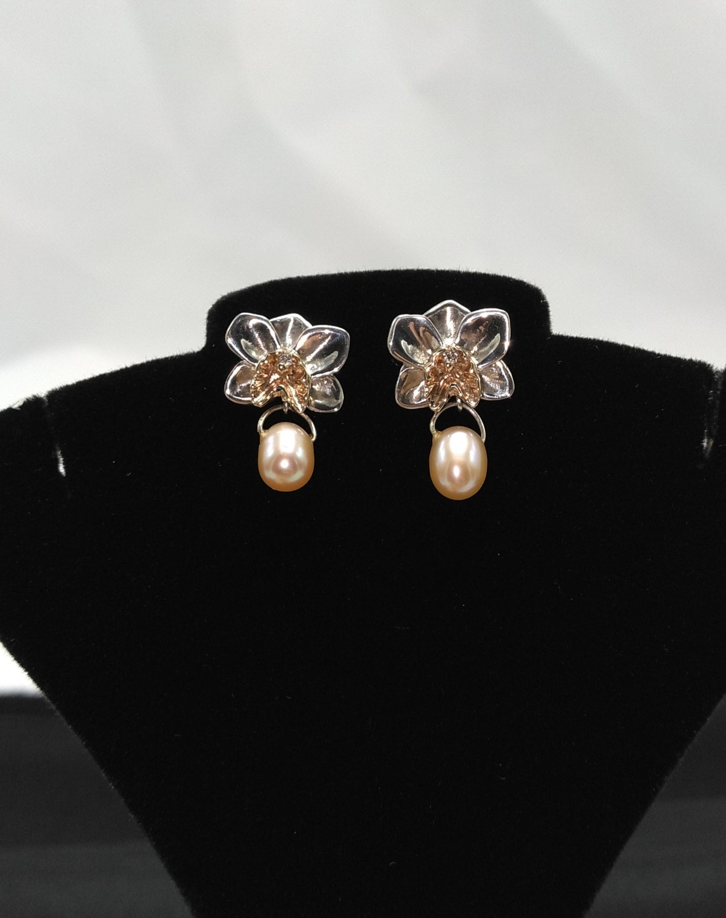 Orchid Studs in Silver and 14K Yellow Gold with Diamonds and Freshwater Pearls