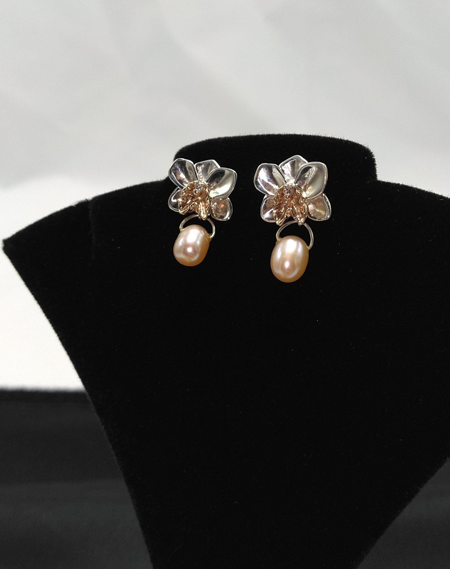 Orchid Studs in Silver and 14K Yellow Gold with Diamonds and Freshwater Pearls