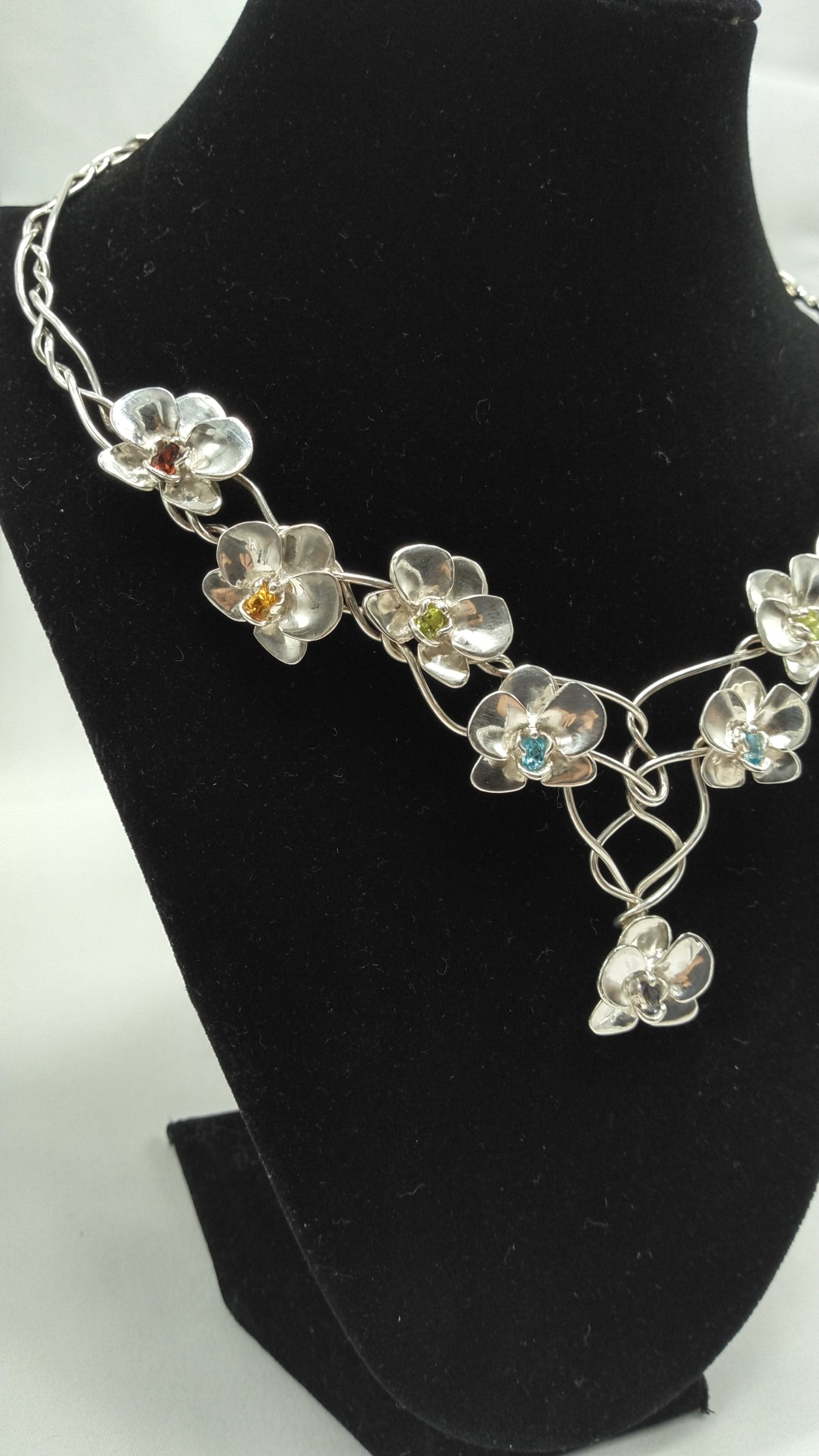 Twisted Silver Orchid Necklace with Colored Stones