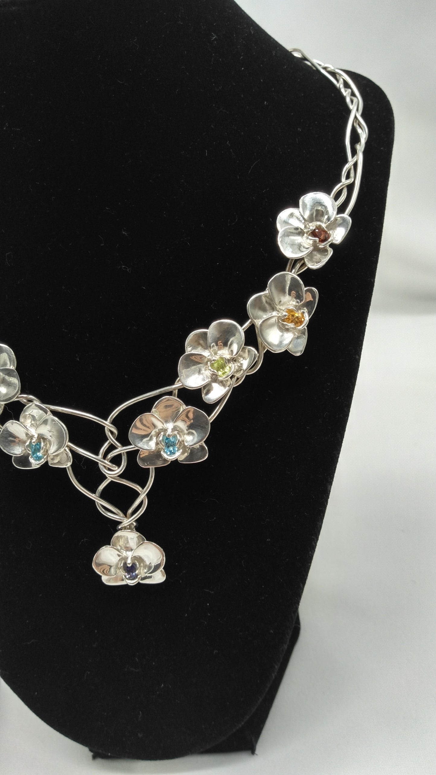 Twisted Silver Orchid Necklace with Colored Stones