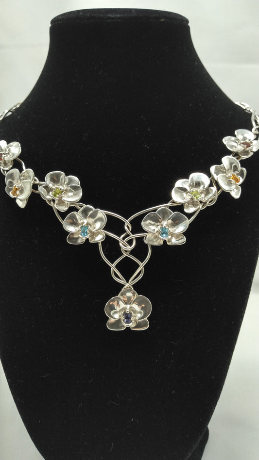 Twisted Silver Orchid Necklace with Colored Stones