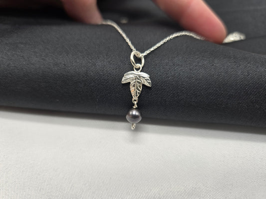 Ivy Leaf Necklace with Single Pearl in Sterling Silver