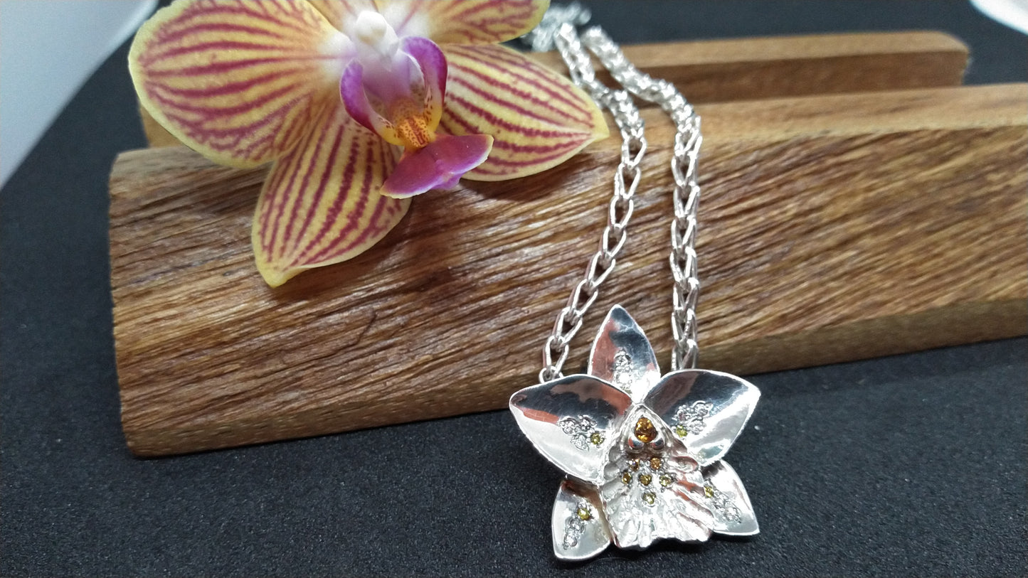 Orchid in Silver with Yellow and White Diamonds with Citrine on Fine Silver Chain