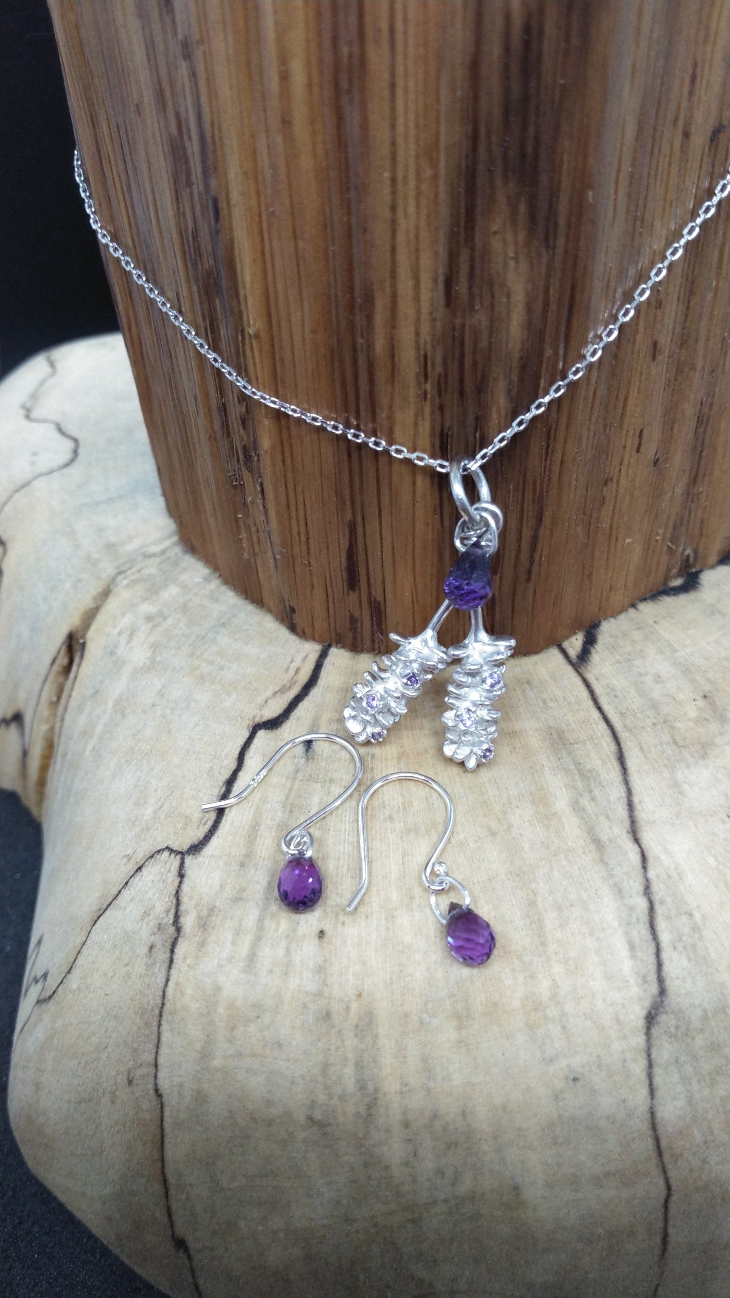 Double Lavender Flower in Silver with Amethysts Set