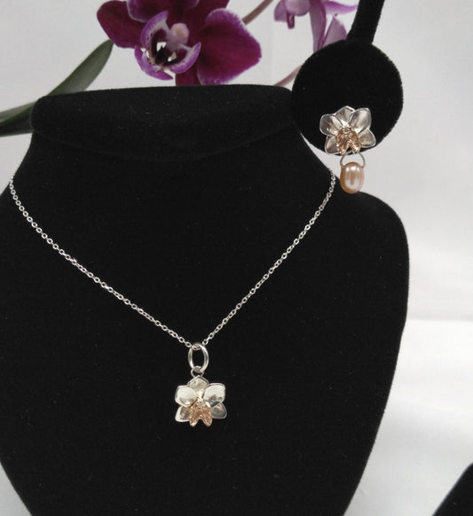 Orchid Set in Silver and 14K Yellow Gold with Diamonds and Freshwater Pearls